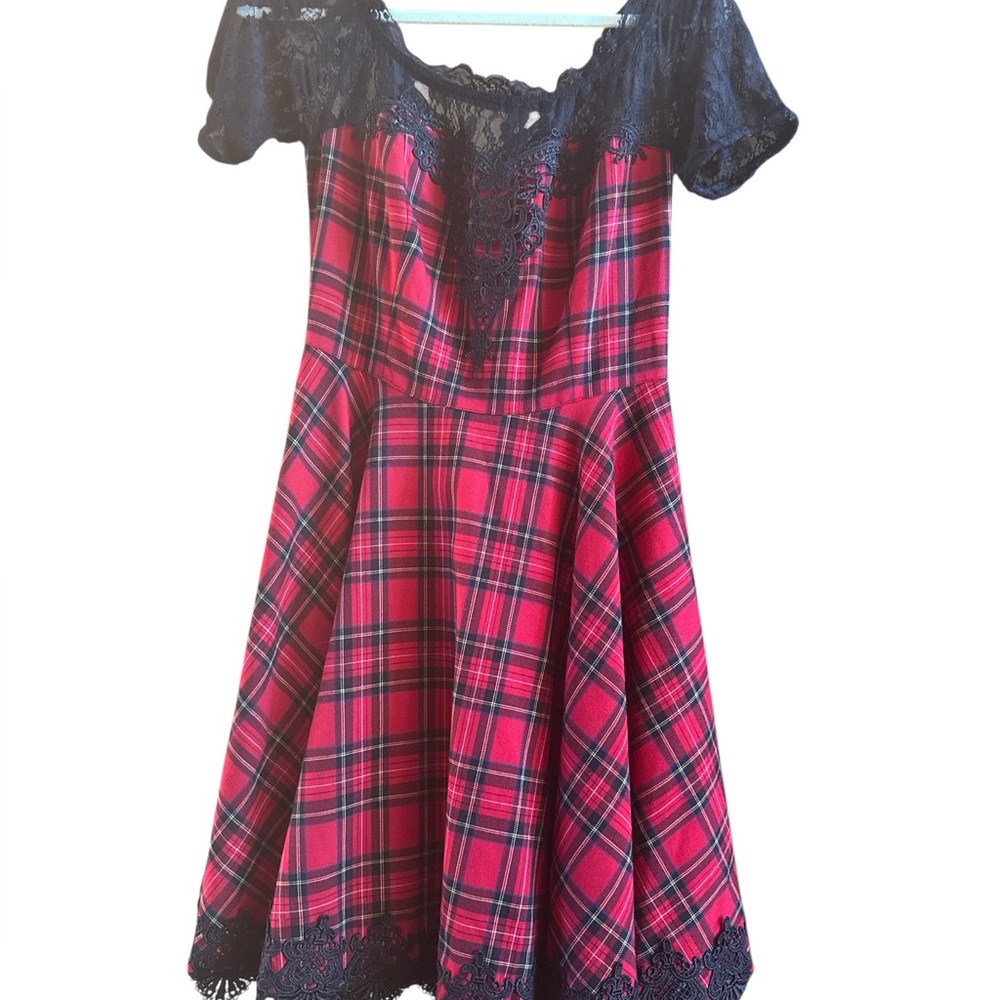 Spin Doctor‎ Goth Off The Shoulder Red Plaid Mini Dress Black Lace *No Size Tag